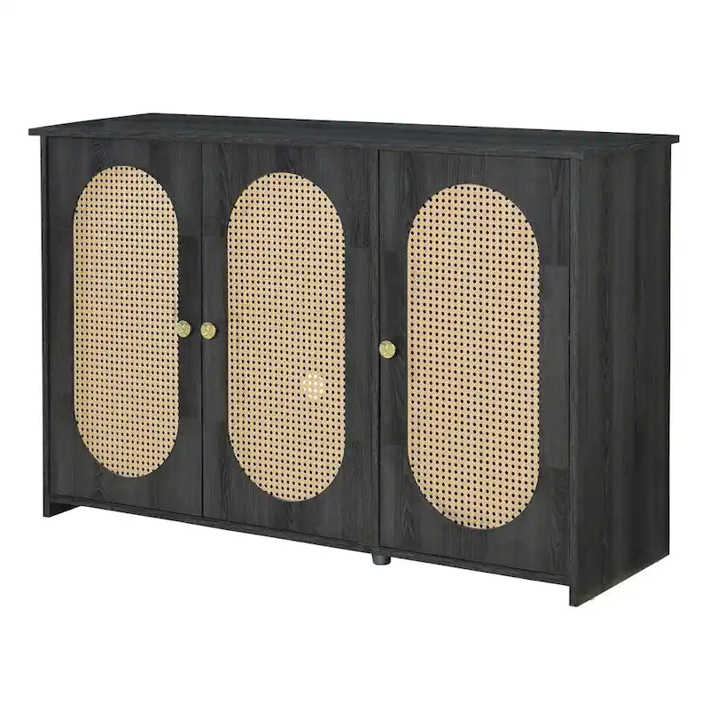 Buffet Cabinet with Artificial Rattan Doors, 3-Door Sideboard Cabinet with Shelves, Coffee Bar Cabinet with Metal Handles
