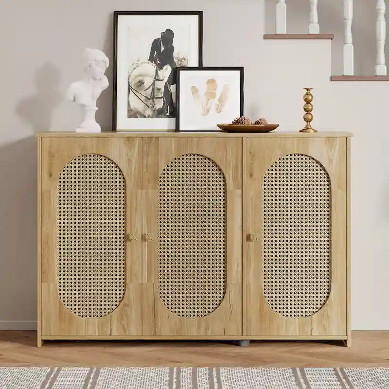 Buffet Cabinet with Artificial Rattan Doors, 3-Door Sideboard Cabinet with Shelves, Coffee Bar Cabinet with Metal Handles