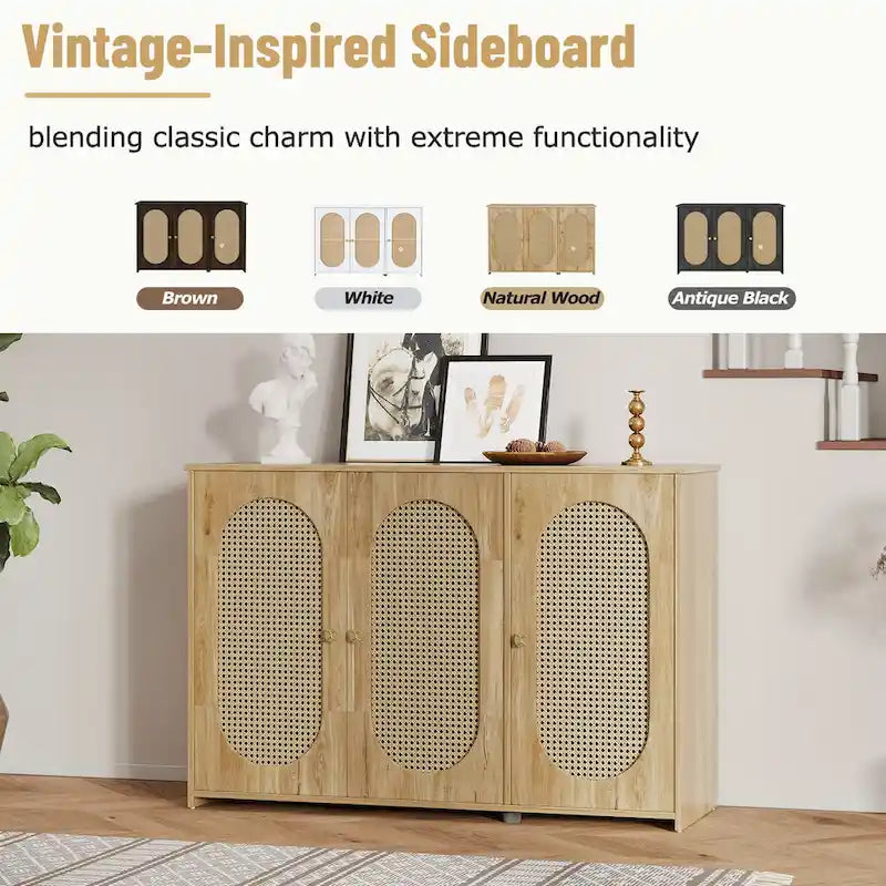 Buffet Cabinet with Artificial Rattan Doors, 3-Door Sideboard Cabinet with Shelves, Coffee Bar Cabinet with Metal Handles