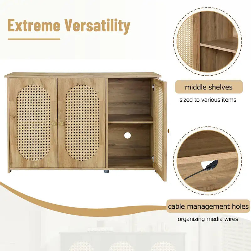 Buffet Cabinet with Artificial Rattan Doors, 3-Door Sideboard Cabinet with Shelves, Coffee Bar Cabinet with Metal Handles