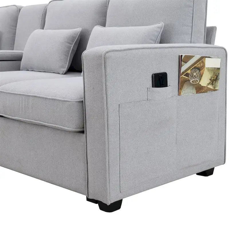 Merax 104 4-Seater Modern Linen Fabric Sofa with Armrest Pockets and 4 Pillows,Minimalist Style Couch