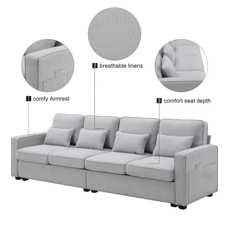 Merax 104 4-Seater Modern Linen Fabric Sofa with Armrest Pockets and 4 Pillows,Minimalist Style Couch