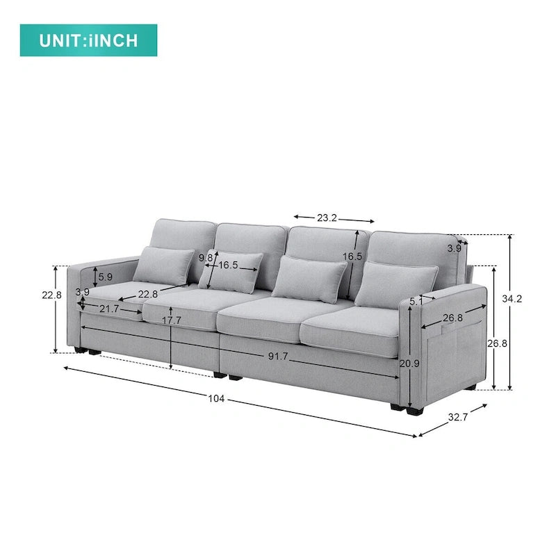 Merax 104 4-Seater Modern Linen Fabric Sofa with Armrest Pockets and 4 Pillows,Minimalist Style Couch