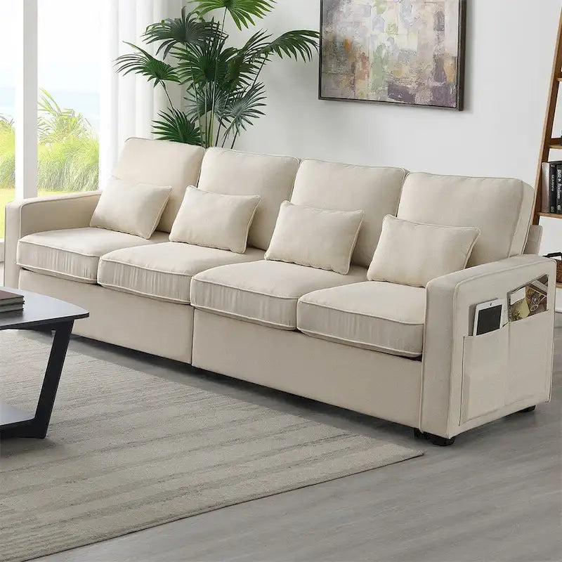 Merax 104 4-Seater Modern Linen Fabric Sofa with Armrest Pockets and 4 Pillows,Minimalist Style Couch