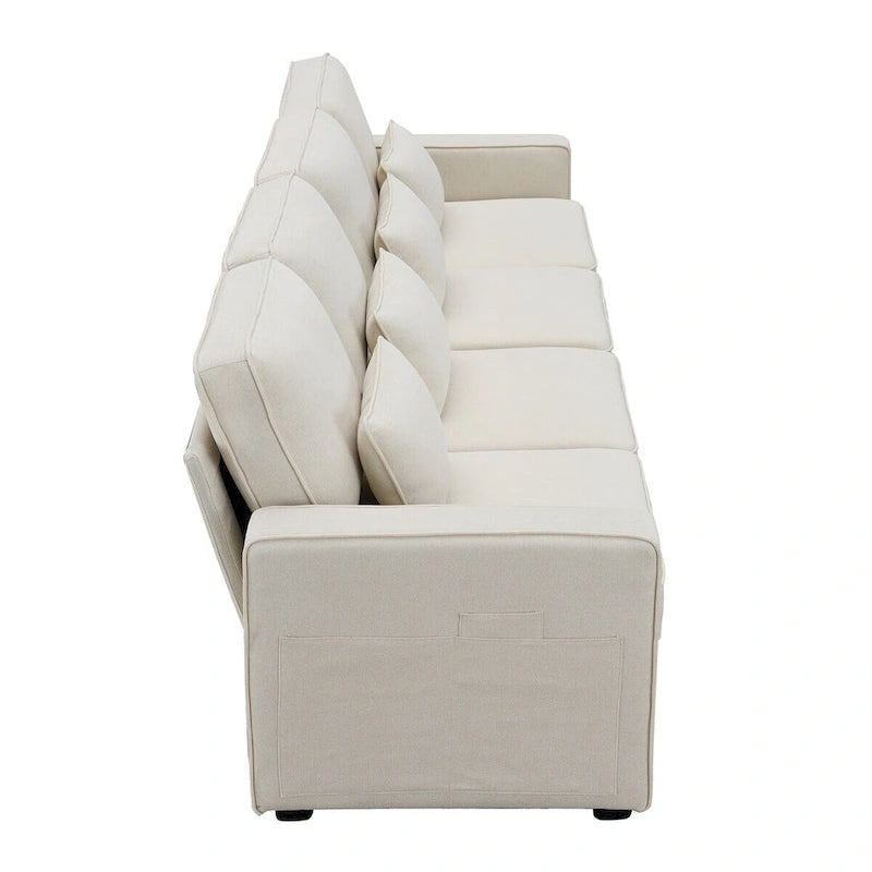 Merax 104 4-Seater Modern Linen Fabric Sofa with Armrest Pockets and 4 Pillows,Minimalist Style Couch