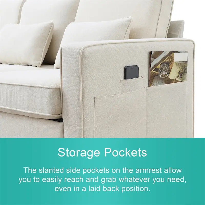 Merax 104 4-Seater Modern Linen Fabric Sofa with Armrest Pockets and 4 Pillows,Minimalist Style Couch