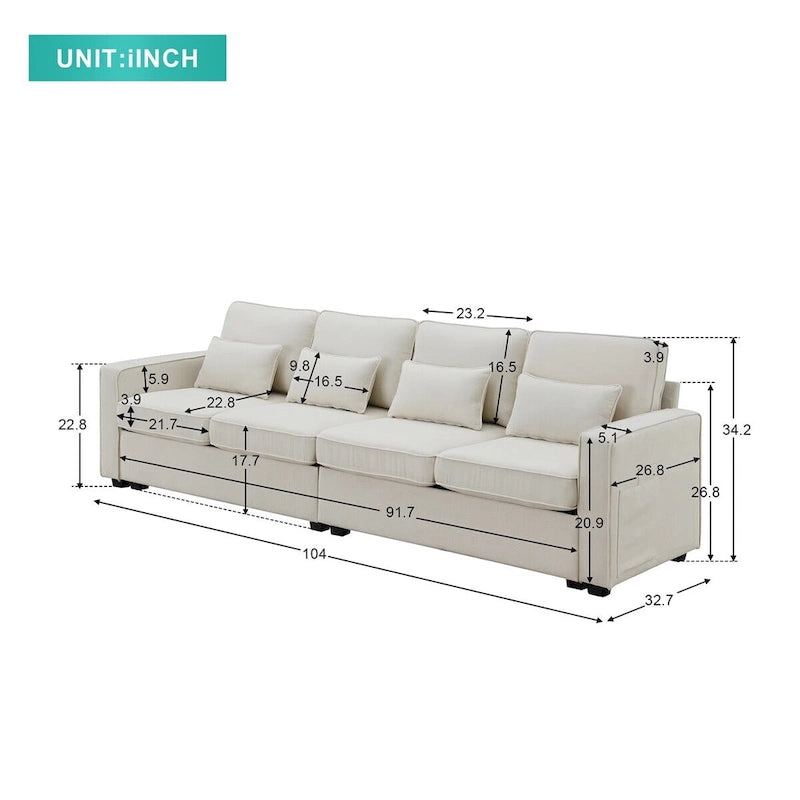 Merax 104 4-Seater Modern Linen Fabric Sofa with Armrest Pockets and 4 Pillows,Minimalist Style Couch
