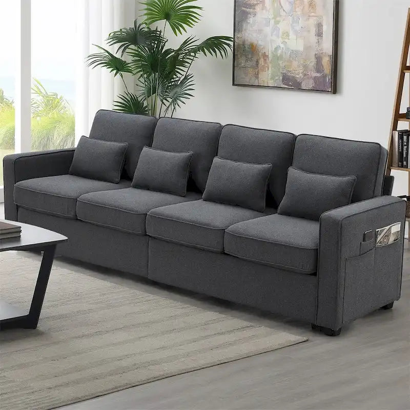 Merax 104 4-Seater Modern Linen Fabric Sofa with Armrest Pockets and 4 Pillows,Minimalist Style Couch
