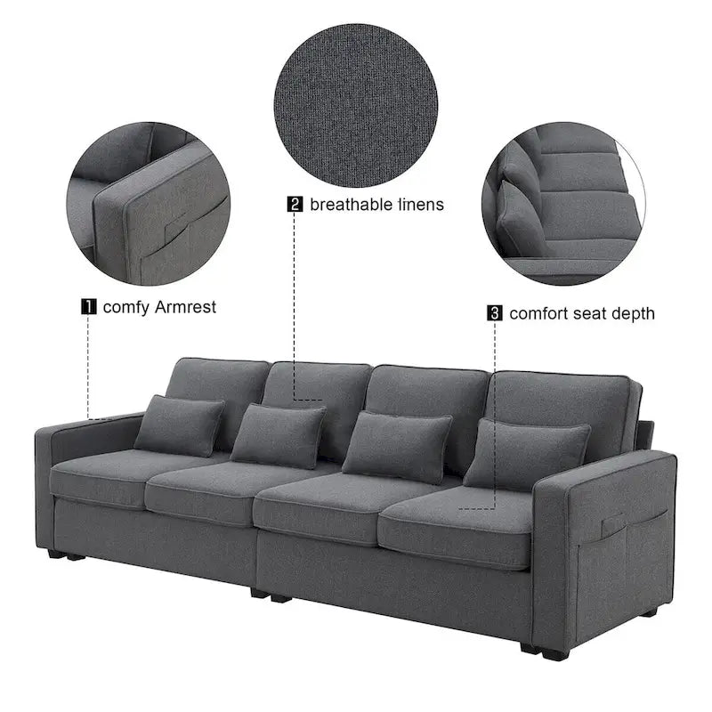 Merax 104 4-Seater Modern Linen Fabric Sofa with Armrest Pockets and 4 Pillows,Minimalist Style Couch