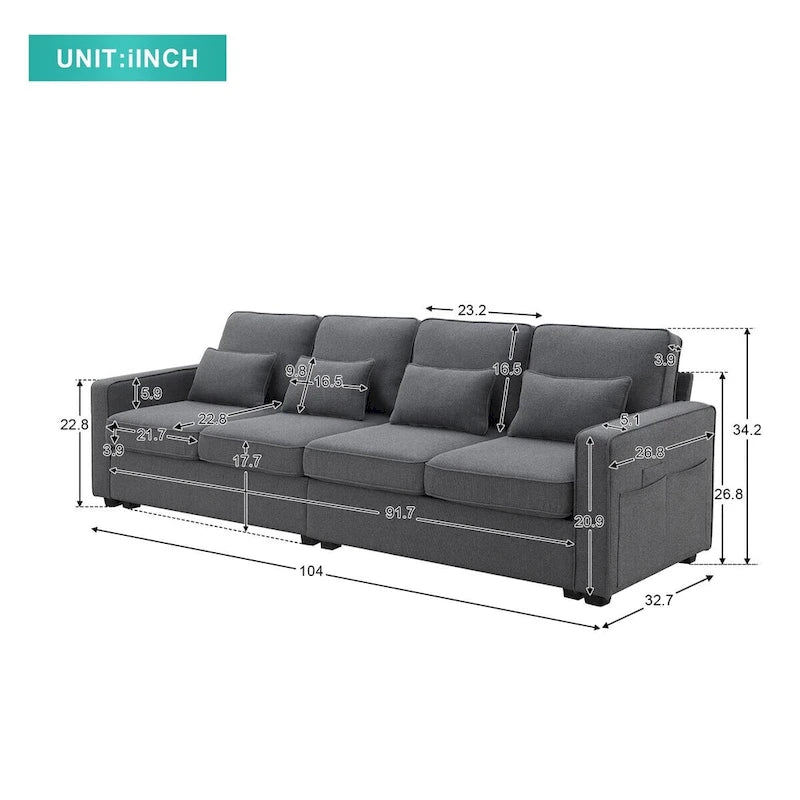 Merax 104 4-Seater Modern Linen Fabric Sofa with Armrest Pockets and 4 Pillows,Minimalist Style Couch