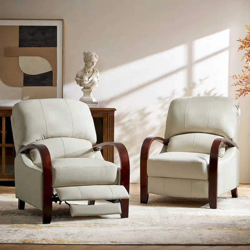 Alex Mid-century Modern Cigar Genuine Leather Manual Recliner with Wooden Curved Arms, Set of 2