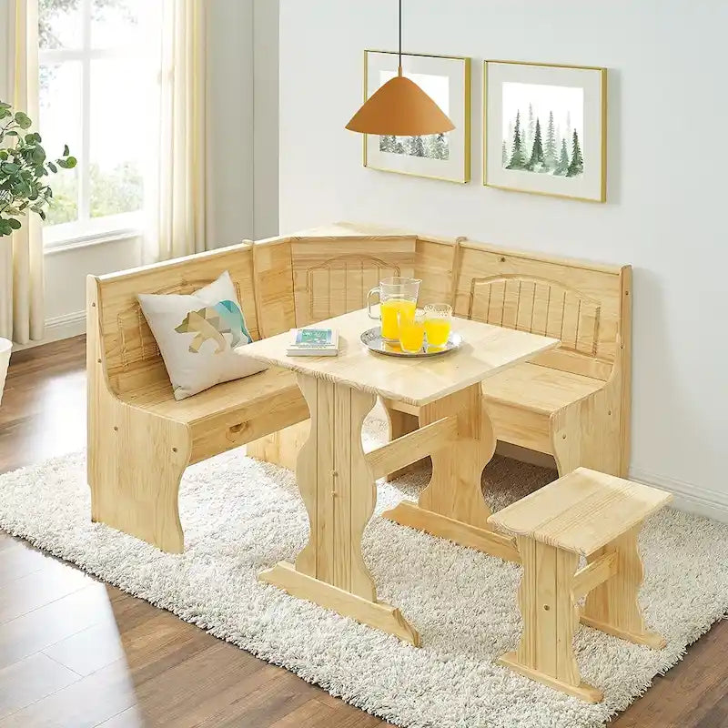 MUSEHOMEINC Traditional Style 3 Piece Solid Wood Breakfast Nook Dining Table Set with Side Bench, Hidden Storage Nook Table Set