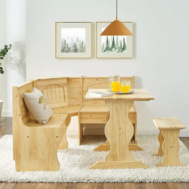 MUSEHOMEINC Traditional Style 3 Piece Solid Wood Breakfast Nook Dining Table Set with Side Bench, Hidden Storage Nook Table Set