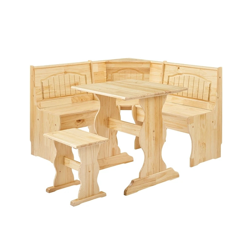 MUSEHOMEINC Traditional Style 3 Piece Solid Wood Breakfast Nook Dining Table Set with Side Bench, Hidden Storage Nook Table Set