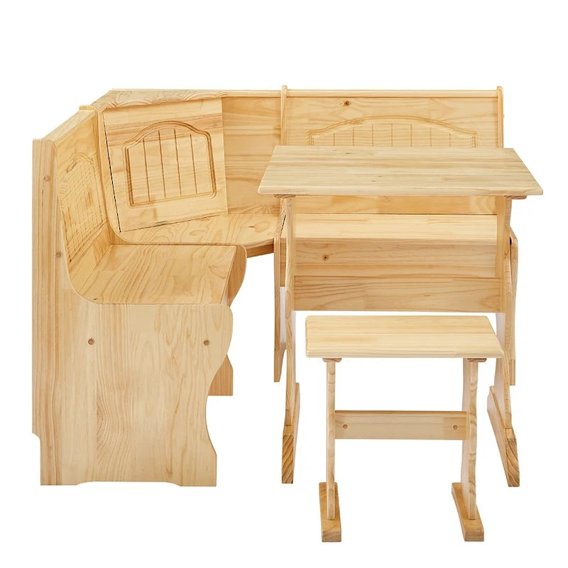 MUSEHOMEINC Traditional Style 3 Piece Solid Wood Breakfast Nook Dining Table Set with Side Bench, Hidden Storage Nook Table Set
