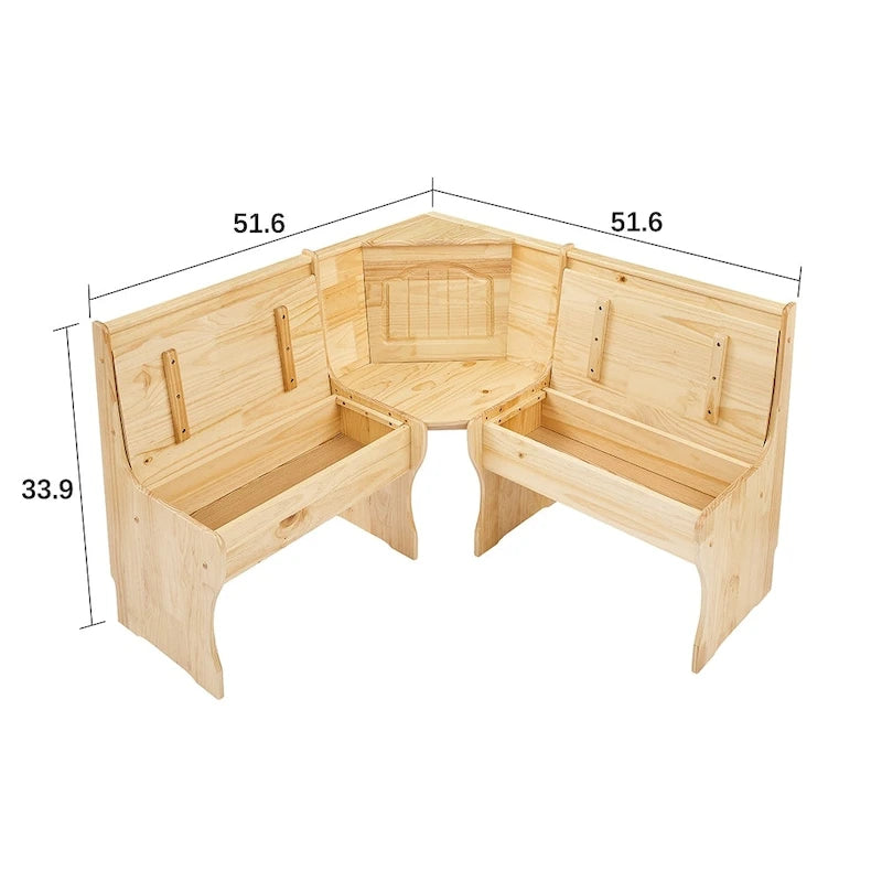 MUSEHOMEINC Traditional Style 3 Piece Solid Wood Breakfast Nook Dining Table Set with Side Bench, Hidden Storage Nook Table Set