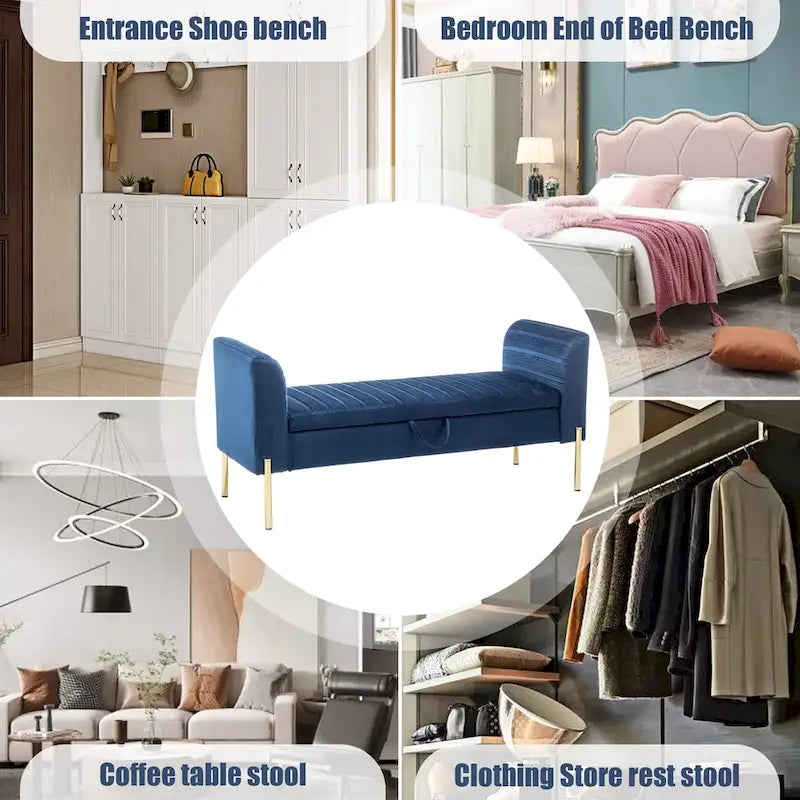 Storage Ottoman Bench, Upholstered Velvet Entryway Bench with Armrest & Large Storage Space for Living Room - 52inch