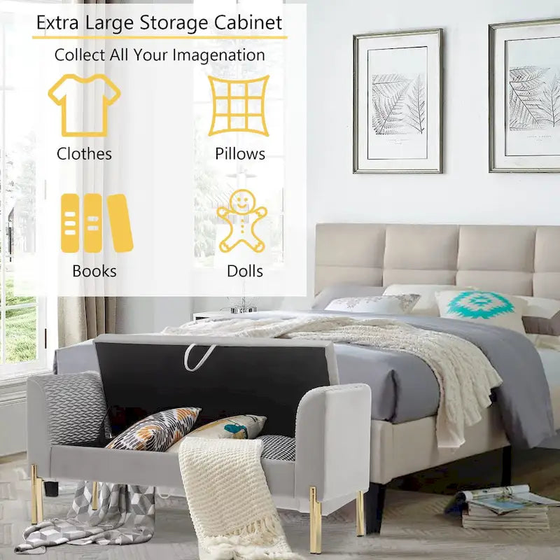 Storage Ottoman Bench, Upholstered Velvet Entryway Bench with Armrest & Large Storage Space for Living Room - 52inch