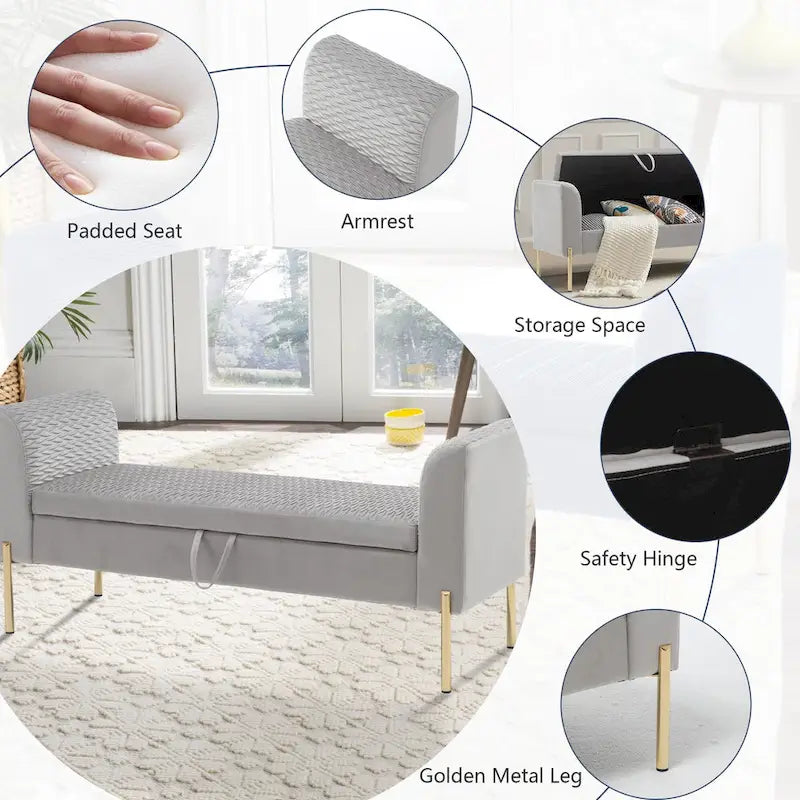 Storage Ottoman Bench, Upholstered Velvet Entryway Bench with Armrest & Large Storage Space for Living Room - 52inch
