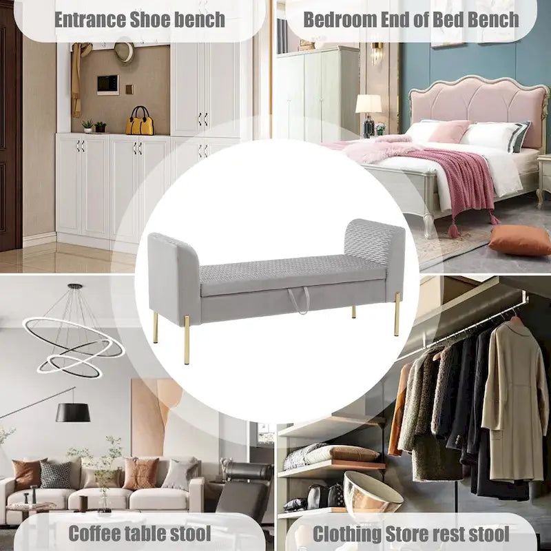 Storage Ottoman Bench, Upholstered Velvet Entryway Bench with Armrest & Large Storage Space for Living Room - 52inch