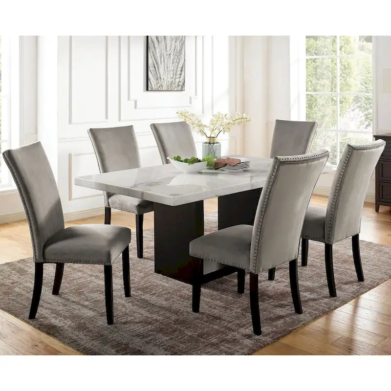 Cots Transitional Light Grey 7-Piece Marble Top Dining Set by Furniture of America