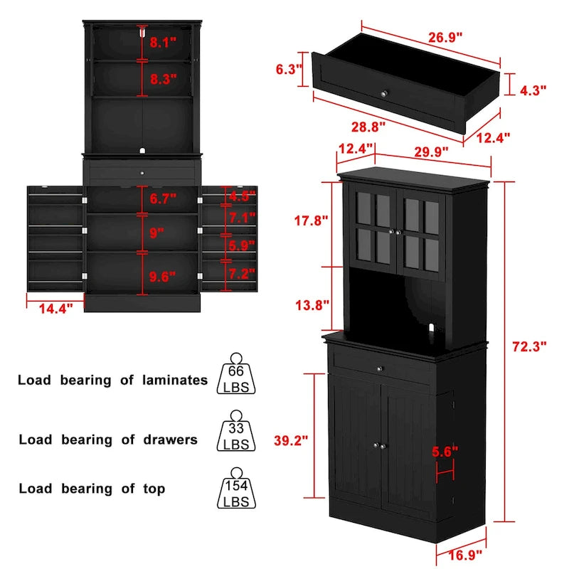 Long Standing Kitchen Cabinet with Large Open Space for Microwave - 30W x 69.3H