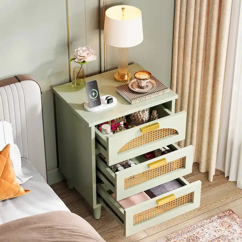 20-Inch Night Stand, 3-Drawer Wood Bedside Table Storage Cabinet for Bedroom, Green