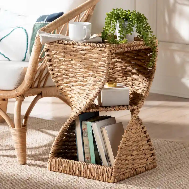 Pelleas Modern Bohemian Natural Brown Seagrass and Wood End Table