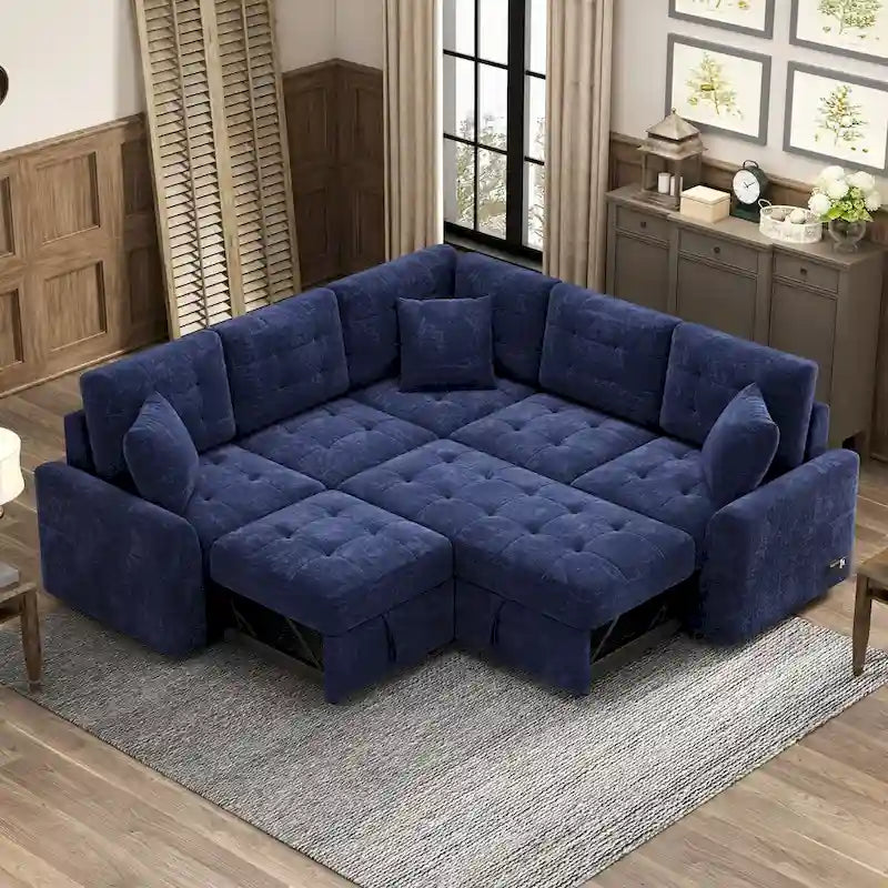 82.6-inch L-shaped Pull-out Sleeper Sofa with Wheels, USB Ports, Power Sockets - 82.6W x 82.6D x 33H