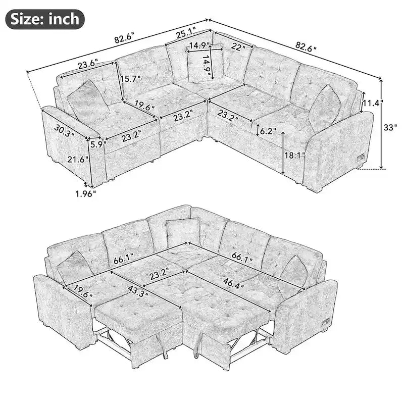 82.6-inch L-shaped Pull-out Sleeper Sofa with Wheels, USB Ports, Power Sockets - 82.6W x 82.6D x 33H