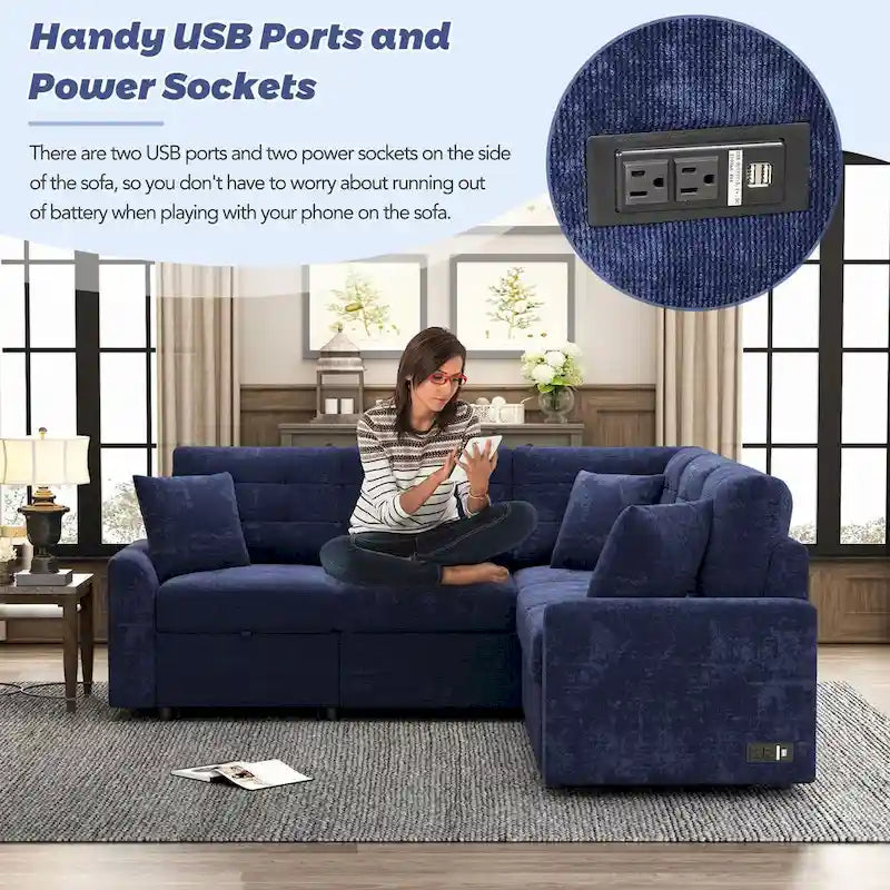 82.6-inch L-shaped Pull-out Sleeper Sofa with Wheels, USB Ports, Power Sockets - 82.6W x 82.6D x 33H