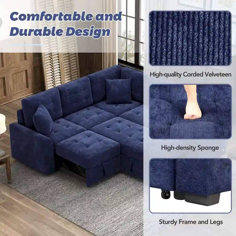 82.6-inch L-shaped Pull-out Sleeper Sofa with Wheels, USB Ports, Power Sockets - 82.6W x 82.6D x 33H