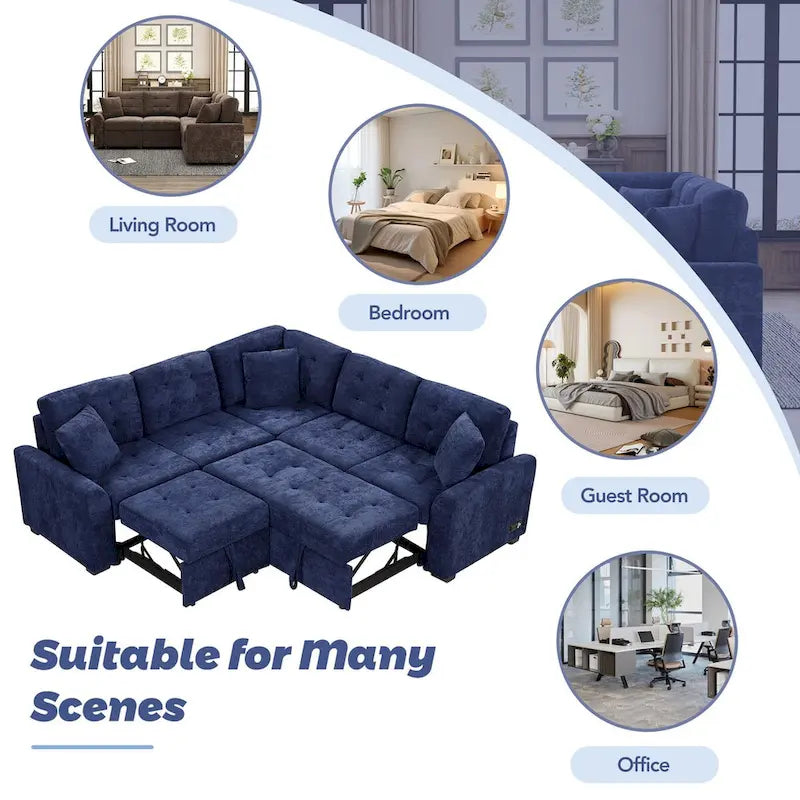 82.6-inch L-shaped Pull-out Sleeper Sofa with Wheels, USB Ports, Power Sockets - 82.6W x 82.6D x 33H