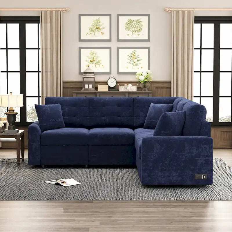 82.6-inch L-shaped Pull-out Sleeper Sofa with Wheels, USB Ports, Power Sockets - 82.6W x 82.6D x 33H