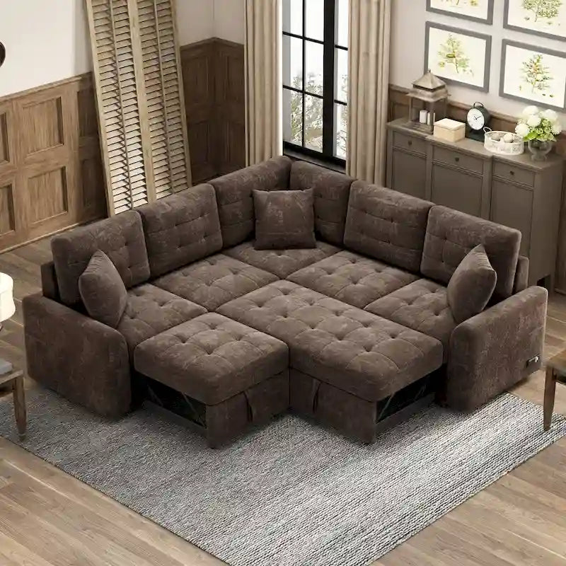 82.6-inch L-shaped Pull-out Sleeper Sofa with Wheels, USB Ports, Power Sockets - 82.6W x 82.6D x 33H
