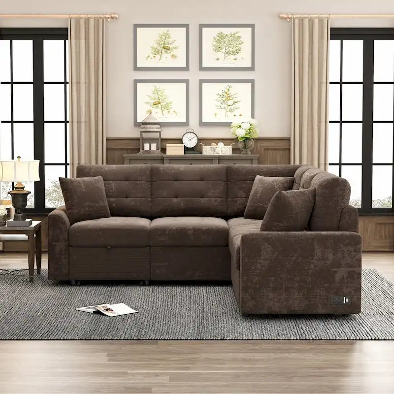 82.6-inch L-shaped Pull-out Sleeper Sofa with Wheels, USB Ports, Power Sockets - 82.6W x 82.6D x 33H