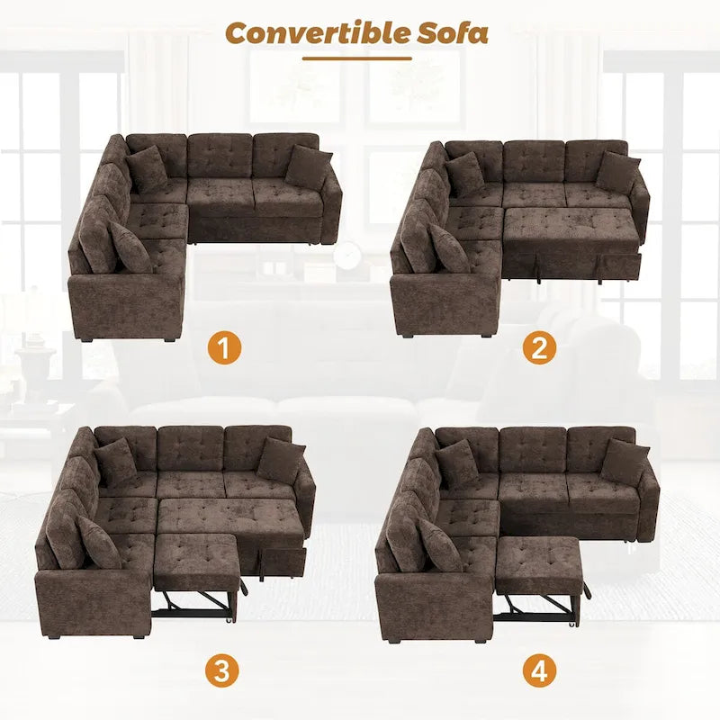 82.6-inch L-shaped Pull-out Sleeper Sofa with Wheels, USB Ports, Power Sockets - 82.6W x 82.6D x 33H