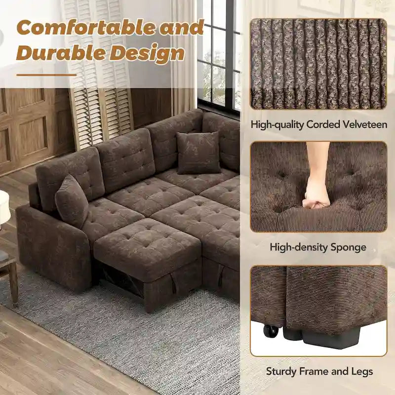 82.6-inch L-shaped Pull-out Sleeper Sofa with Wheels, USB Ports, Power Sockets - 82.6W x 82.6D x 33H