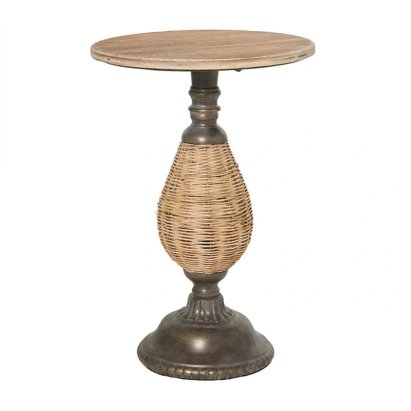 Wood Accent Table with Black Metal and Rattan Base - Brown or White - Roche River Decor