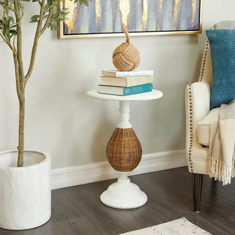 Wood Accent Table with Black Metal and Rattan Base - Brown or White - Roche River Decor