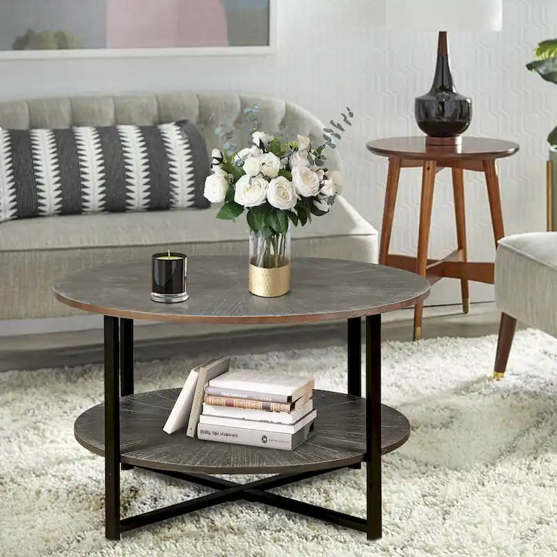 Table basse ronde avec rangement à 2 niveaux