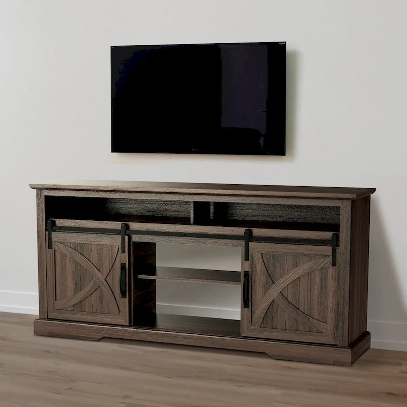 68 Walnut Sliding Barn Door TV Stand Console with Storage Open Compartment
