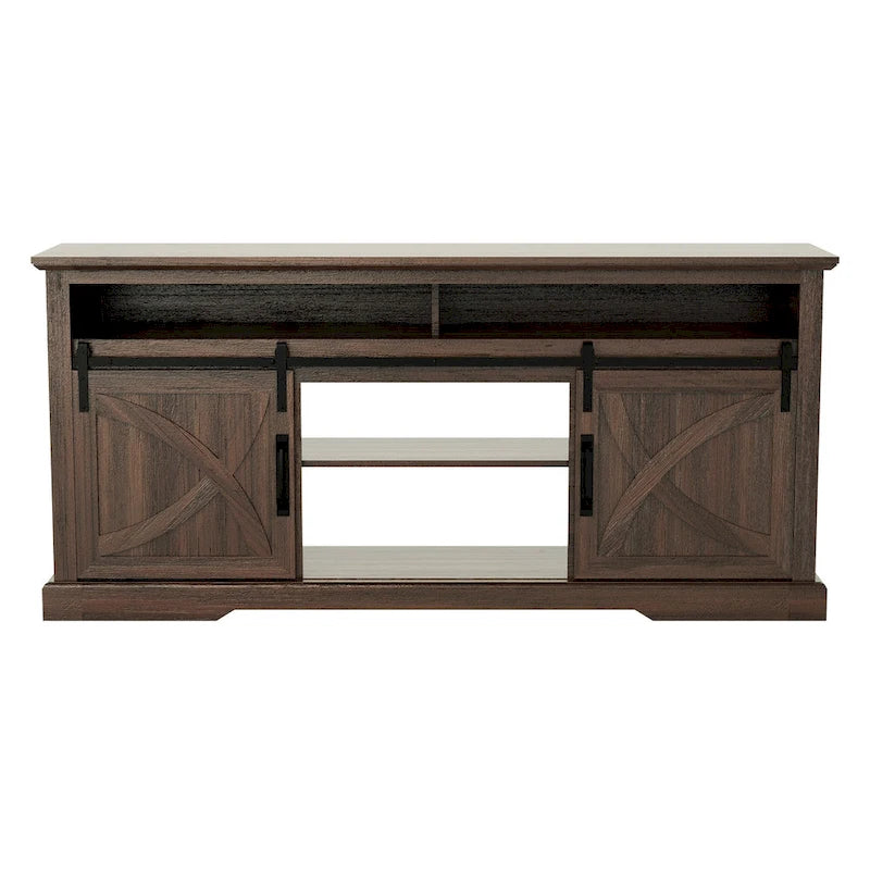 68 Walnut Sliding Barn Door TV Stand Console with Storage Open Compartment