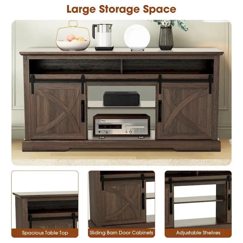 68 Walnut Sliding Barn Door TV Stand Console with Storage Open Compartment