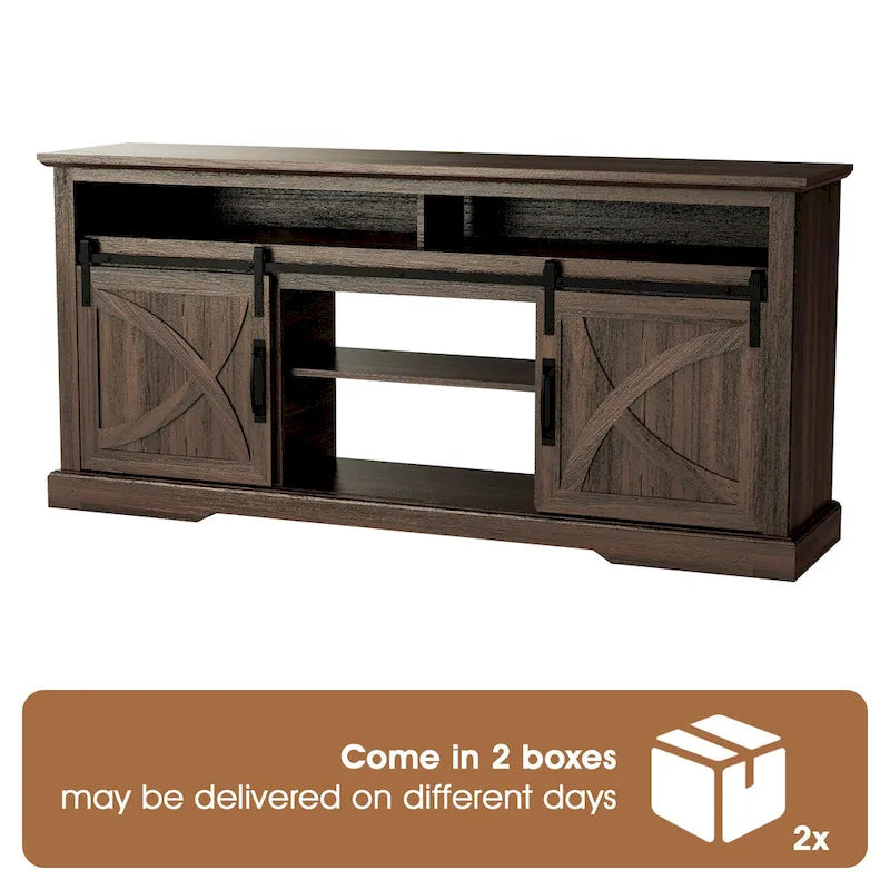 68 Walnut Sliding Barn Door TV Stand Console with Storage Open Compartment