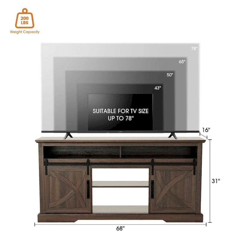 68 Walnut Sliding Barn Door TV Stand Console with Storage Open Compartment