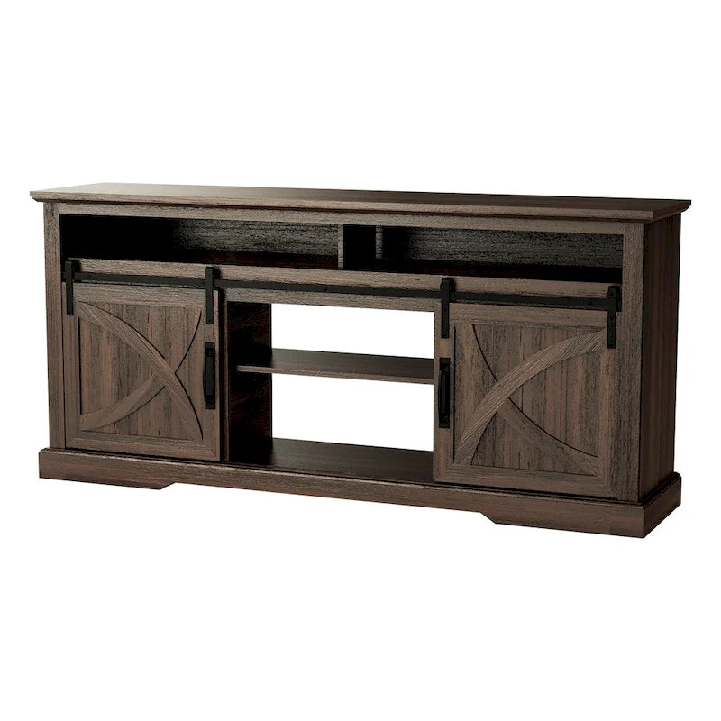 68 Walnut Sliding Barn Door TV Stand Console with Storage Open Compartment