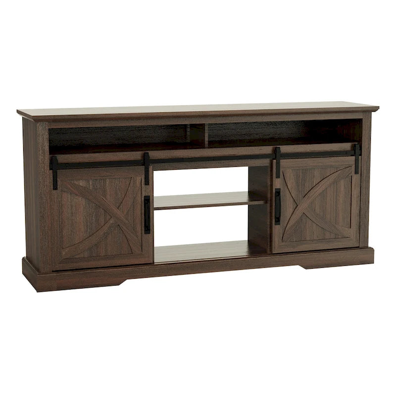 68 Walnut Sliding Barn Door TV Stand Console with Storage Open Compartment