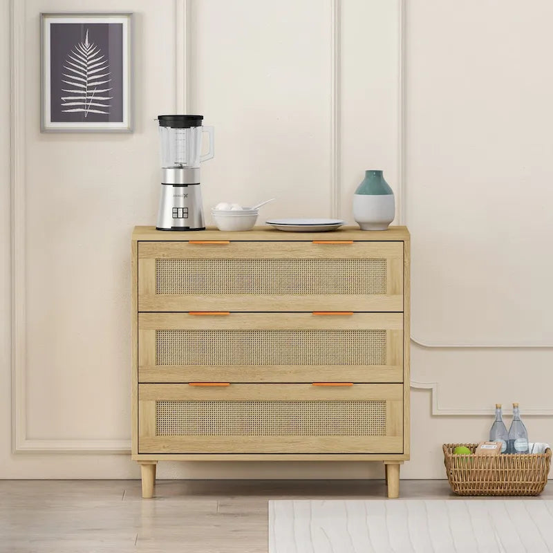 Oak 3-drawers Rattan Storage Cabinet - 31.5L x 15.55W x 30.12H