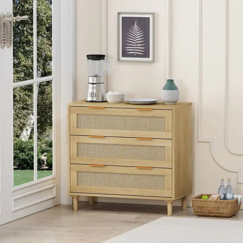 Oak 3-drawers Rattan Storage Cabinet - 31.5L x 15.55W x 30.12H